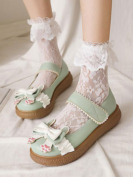 Sweet Lolita Footwear White Bows PU Leather Flat Lolita Pumps