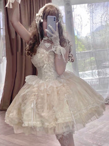 Sweet Lolita JSK Dress Ecru White Sleeveless Pearls Lace Lolita Jumper Skirts