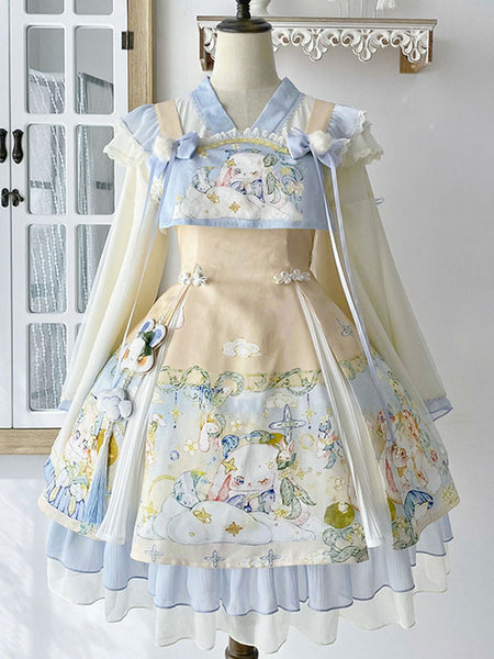 Sweet Lolita Outfits Baby Blue Jacquard Sleeveless Jumper Headwear Accessory