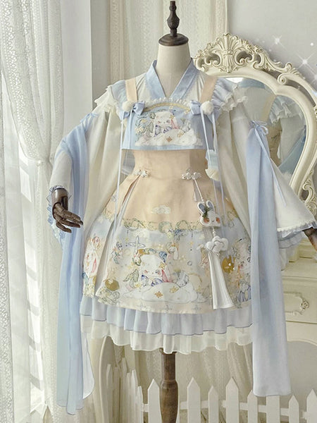 Sweet Lolita Outfits Baby Blue Jacquard Sleeveless Jumper Headwear Accessory