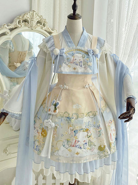 Sweet Lolita Outfits Baby Blue Jacquard Sleeveless Jumper Headwear Accessory