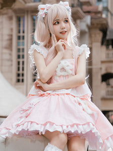 Sweet Lolita Outfits Pink Ruffles Bows Stripes Sleeveless Top Skirt