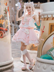 Sweet Lolita Outfits Pink Ruffles Bows Stripes Sleeveless Top Skirt