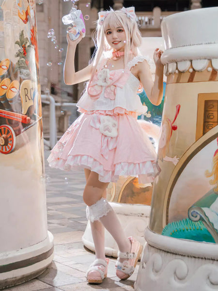 Sweet Lolita Outfits Pink Ruffles Bows Stripes Sleeveless Top Skirt