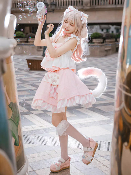 Sweet Lolita Outfits Pink Ruffles Bows Stripes Sleeveless Top Skirt