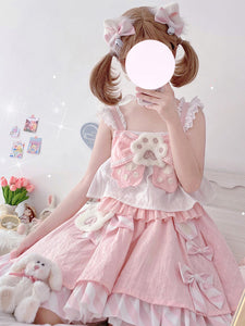 Sweet Lolita Outfits Pink Ruffles Bows Stripes Sleeveless Top Skirt