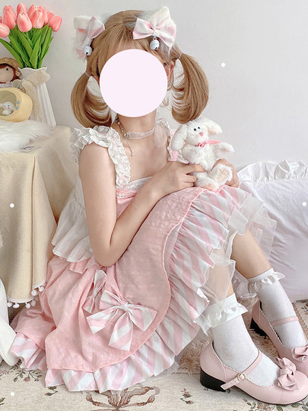 Sweet Lolita Outfits Pink Ruffles Bows Stripes Sleeveless Top Skirt