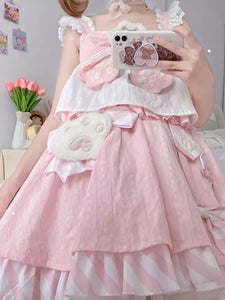 Sweet Lolita Outfits Pink Ruffles Bows Stripes Sleeveless Top Skirt