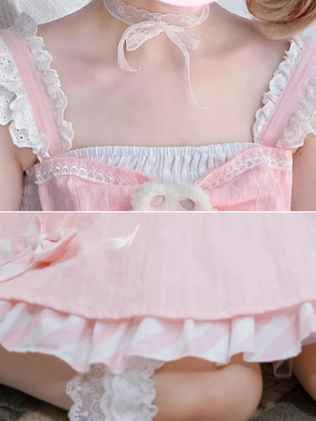 Sweet Lolita Outfits Pink Ruffles Bows Stripes Sleeveless Top Skirt