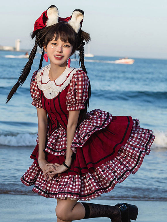 Sweet Lolita Outfits Red Plaid Bows Ruffles Short Sleeves Top Skirt