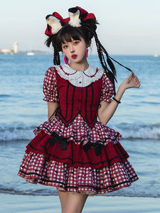 Sweet Lolita Outfits Red Plaid Bows Ruffles Short Sleeves Top Skirt