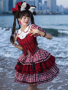 Sweet Lolita Outfits Red Plaid Bows Ruffles Short Sleeves Top Skirt