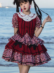 Sweet Lolita Outfits Red Plaid Bows Ruffles Short Sleeves Top Skirt