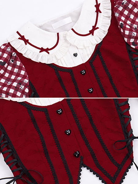 Sweet Lolita Outfits Red Plaid Bows Ruffles Short Sleeves Top Skirt