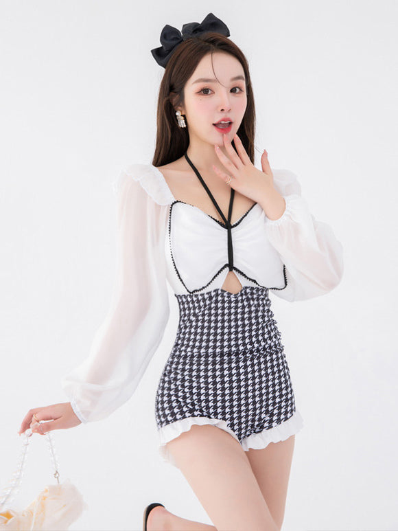 Sweet Lolita Outfits White Color Block Plaid Bows Long Sleeves Jumpsuit