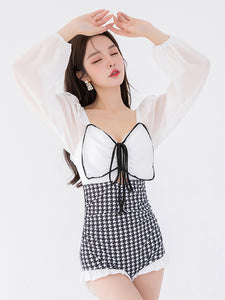 Sweet Lolita Outfits White Color Block Plaid Bows Long Sleeves Jumpsuit