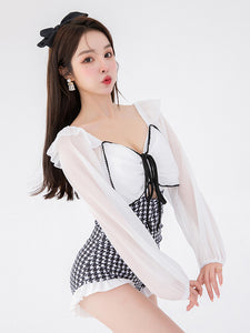 Sweet Lolita Outfits White Color Block Plaid Bows Long Sleeves Jumpsuit