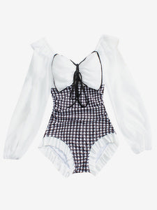 Sweet Lolita Outfits White Color Block Plaid Bows Long Sleeves Jumpsuit