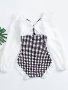 Sweet Lolita Outfits White Color Block Plaid Bows Long Sleeves Jumpsuit