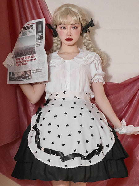 Sweet Lolita SK Magic Tea Party Ruffles White Hearts Pattern Lolita Skirts