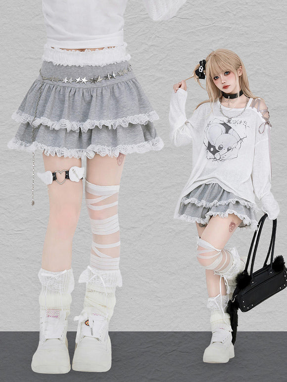 Sweet Lolita SK Tiered Ruffles Light Gray Lolita Skirts