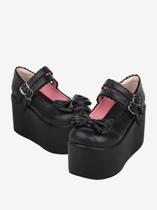 Sweet Lolita Sandals Black Bows Bow PU Leather Round Toe Lolita Summer Shoes