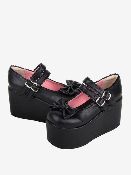 Sweet Lolita Sandals Black Bows Bow PU Leather Round Toe Lolita Summer Shoes