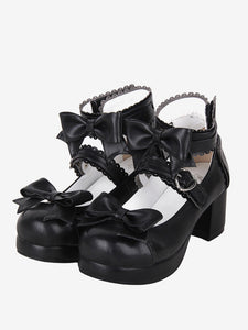 Sweet Lolita Sandals Bows Round Toe Bow PU Leather Black Lolita Summer Shoes