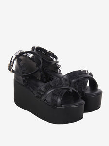 Sweet Lolita Sandals Lace Peep Toe Lace PU Leather Black Lolita Summer Shoes