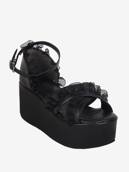 Sweet Lolita Sandals Lace Peep Toe Lace PU Leather Black Lolita Summer Shoes