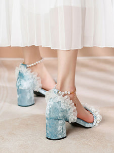 Sweet Lolita Sandals Ruffles Pearls Square Toe Nubuck Gray Lolita Summer Shoes