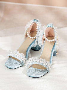 Sweet Lolita Sandals Ruffles Pearls Square Toe Nubuck Gray Lolita Summer Shoes