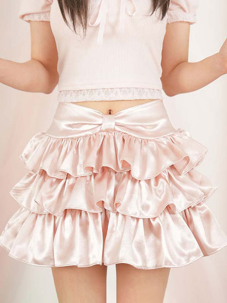 Sweet Lolita Skirt Bows Tiered Pink Lolita Skirts