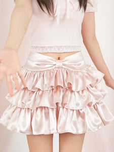 Sweet Lolita Skirt Bows Tiered Pink Lolita Skirts