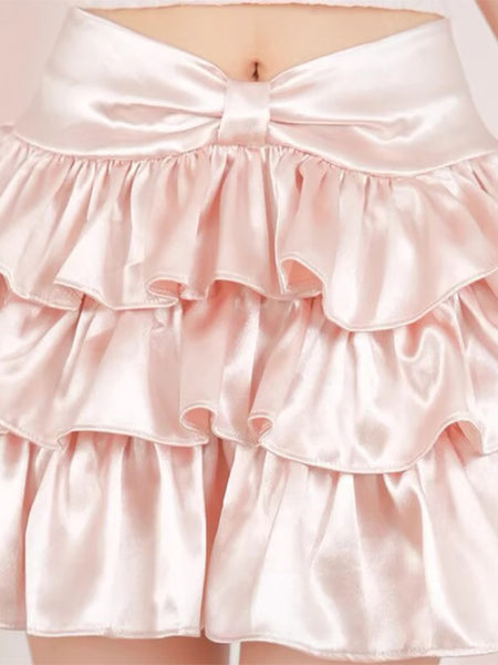 Sweet Lolita Skirt Bows Tiered Pink Lolita Skirts