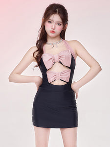 Sweet Lolita Swimsuits Black Bows Color Block Sleeveless Jumpsuit