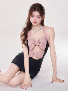 Sweet Lolita Swimsuits Black Bows Color Block Sleeveless Jumpsuit