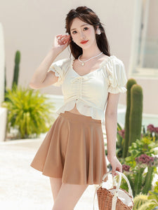 Sweet Lolita Swimsuits Ecru White Ruffles Floral Print Short Sleeves Top Pants