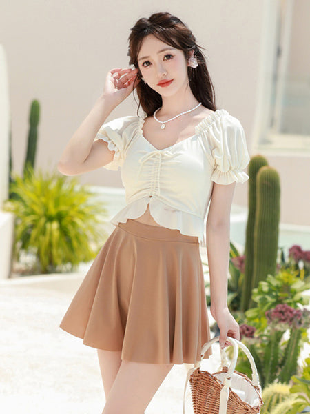 Sweet Lolita Swimsuits Ecru White Ruffles Floral Print Short Sleeves Top Pants