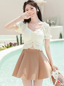 Sweet Lolita Swimsuits Ecru White Ruffles Floral Print Short Sleeves Top Pants