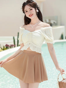 Sweet Lolita Swimsuits Ecru White Ruffles Floral Print Short Sleeves Top Pants