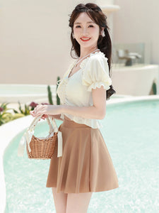 Sweet Lolita Swimsuits Ecru White Ruffles Floral Print Short Sleeves Top Pants