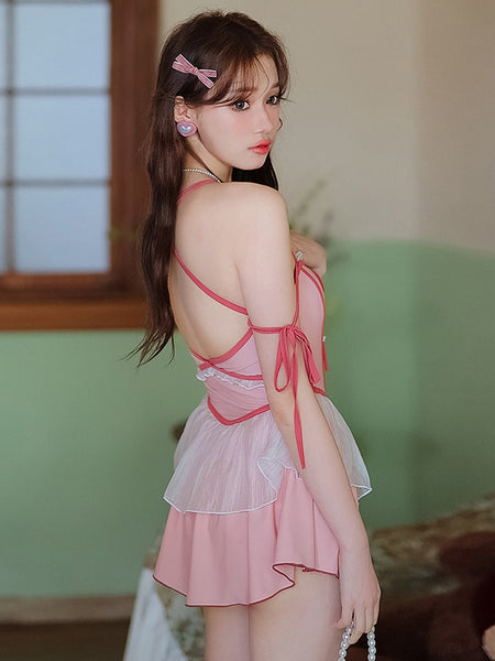 Sweet Lolita Swimsuits Pink Bows Ruffles Color Block Sleeveless Jumpsuit