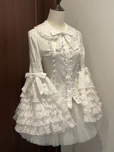 White Lolita Trumpet Lace Sleeves Blouses Lolita Top Long Sleeves Bows Shirt