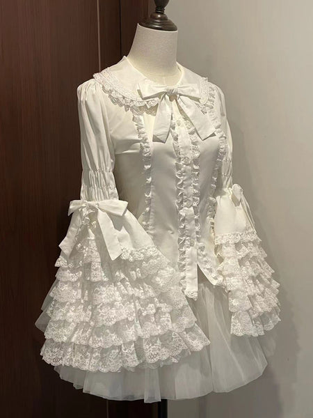 White Lolita Trumpet Lace Sleeves Blouses Lolita Top Long Sleeves Bows Shirt