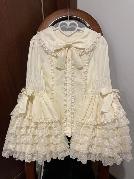 White Lolita Trumpet Lace Sleeves Blouses Lolita Top Long Sleeves Bows Shirt