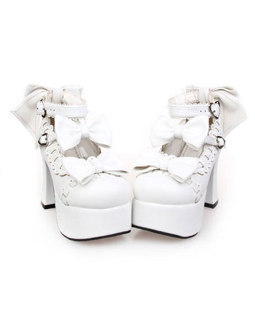 Matte White Lolita Chunky Heels Shoes Platform Shoes Ankle Straps Bows Decor Buckles