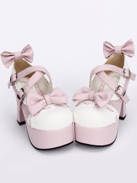 Pink Lolita Pony Heels Shoes Platform White Trim Bows Straps Buckles