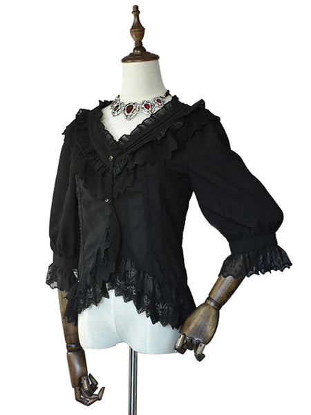 Classic Lolita Shirt Chiffon Lace Trim Ruffle Black Lolita Blouse