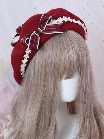 Sweet Lolita Beret Daisy Floral Bow Wool Lolita Hat